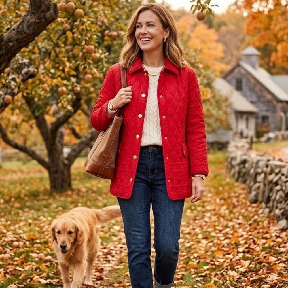 Chico's Red Quilted Barn Jacket Gold Button Diamond Stitch Size 2 12/14 Preppy